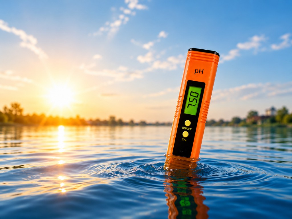 Tel-Aqua digital pH meter reading 7.50, partially submerged in outdoor water at sunset