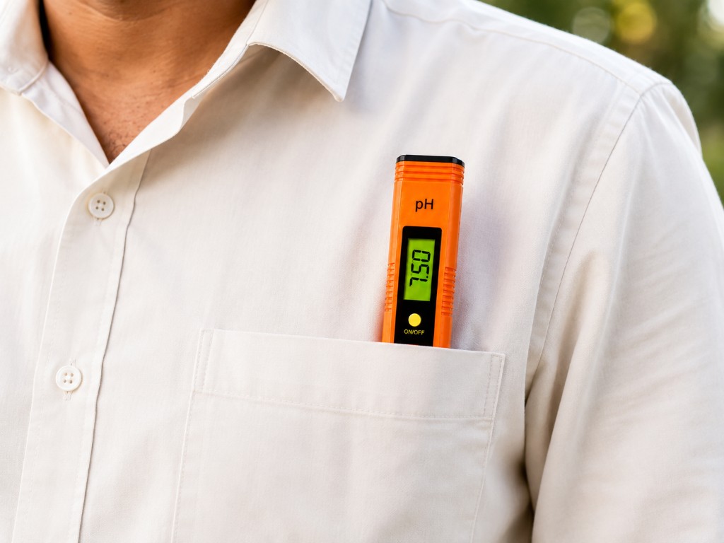Tel-Aqua pH meter in a shirt pocket showing reading 7.50