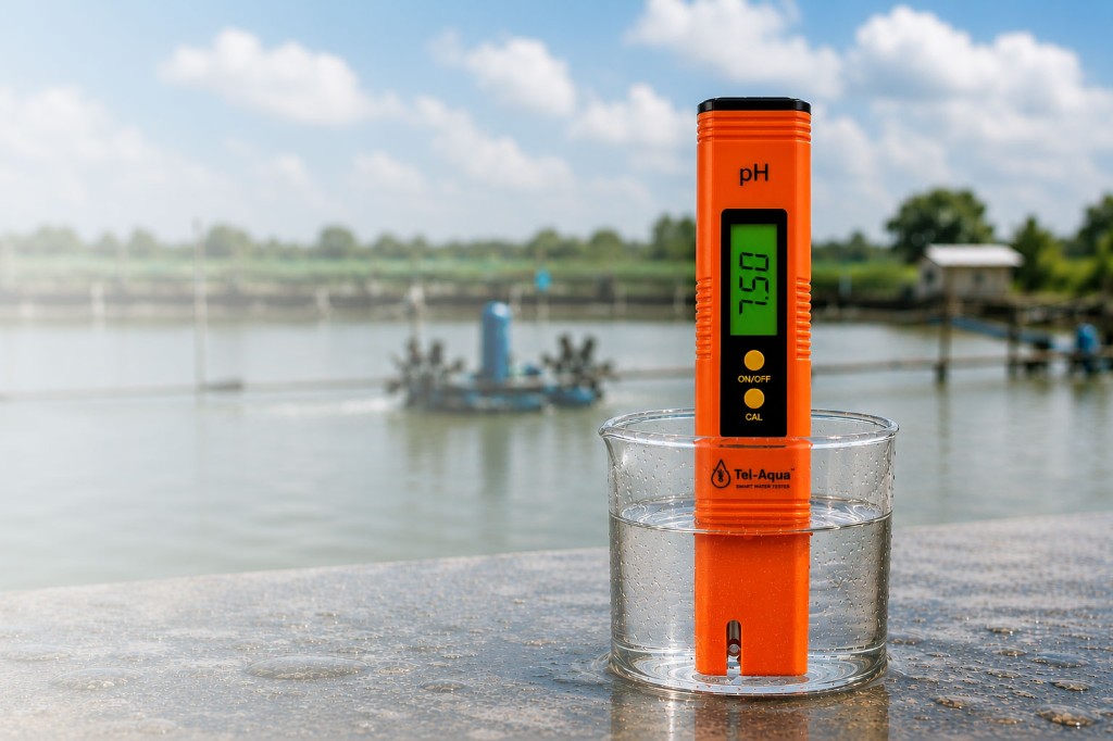 Tel-Aqua pH meter in a beaker at the pond