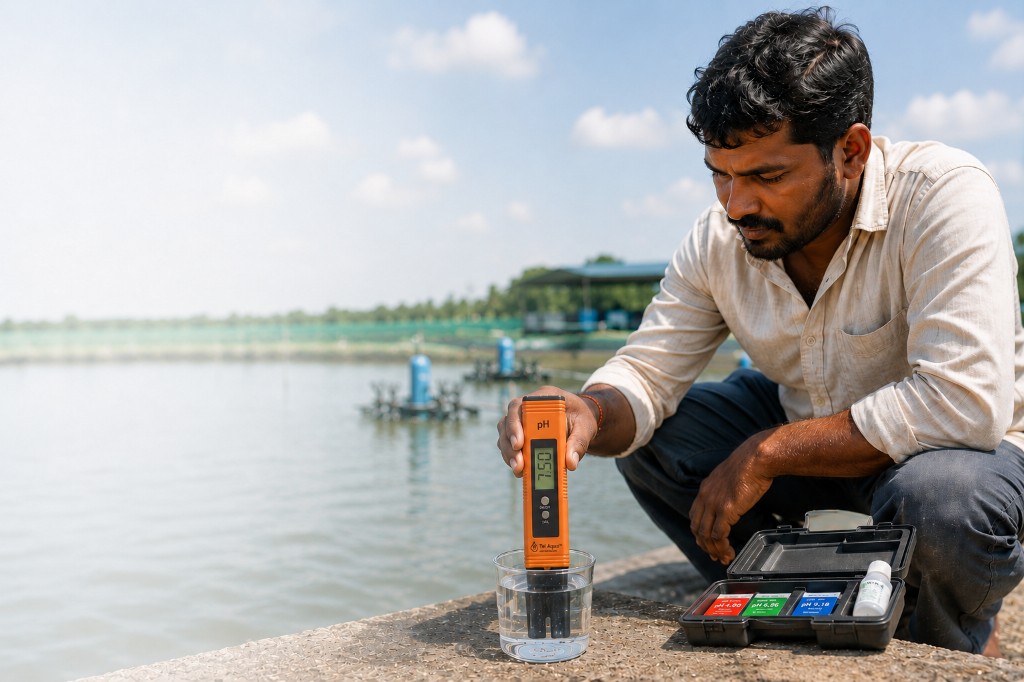 Farmer testing pond water with Tel-Aqua meter and calibration kit